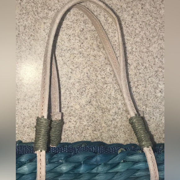 Sun N’ Sand teal turquoise blue basket weaved purse w/Cat art on front BoHo VNTG - Picture 8 of 8